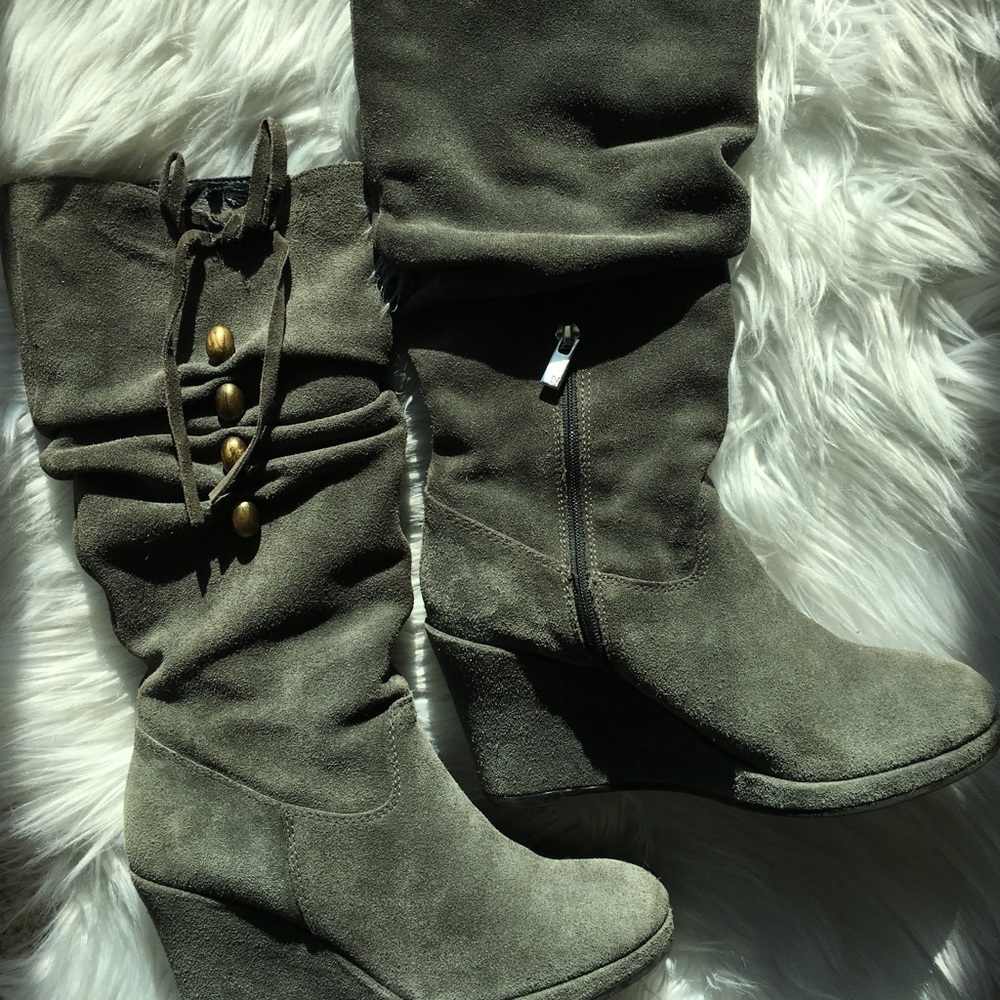 Grey Suede Wedge Boots - Picture 2 of 2